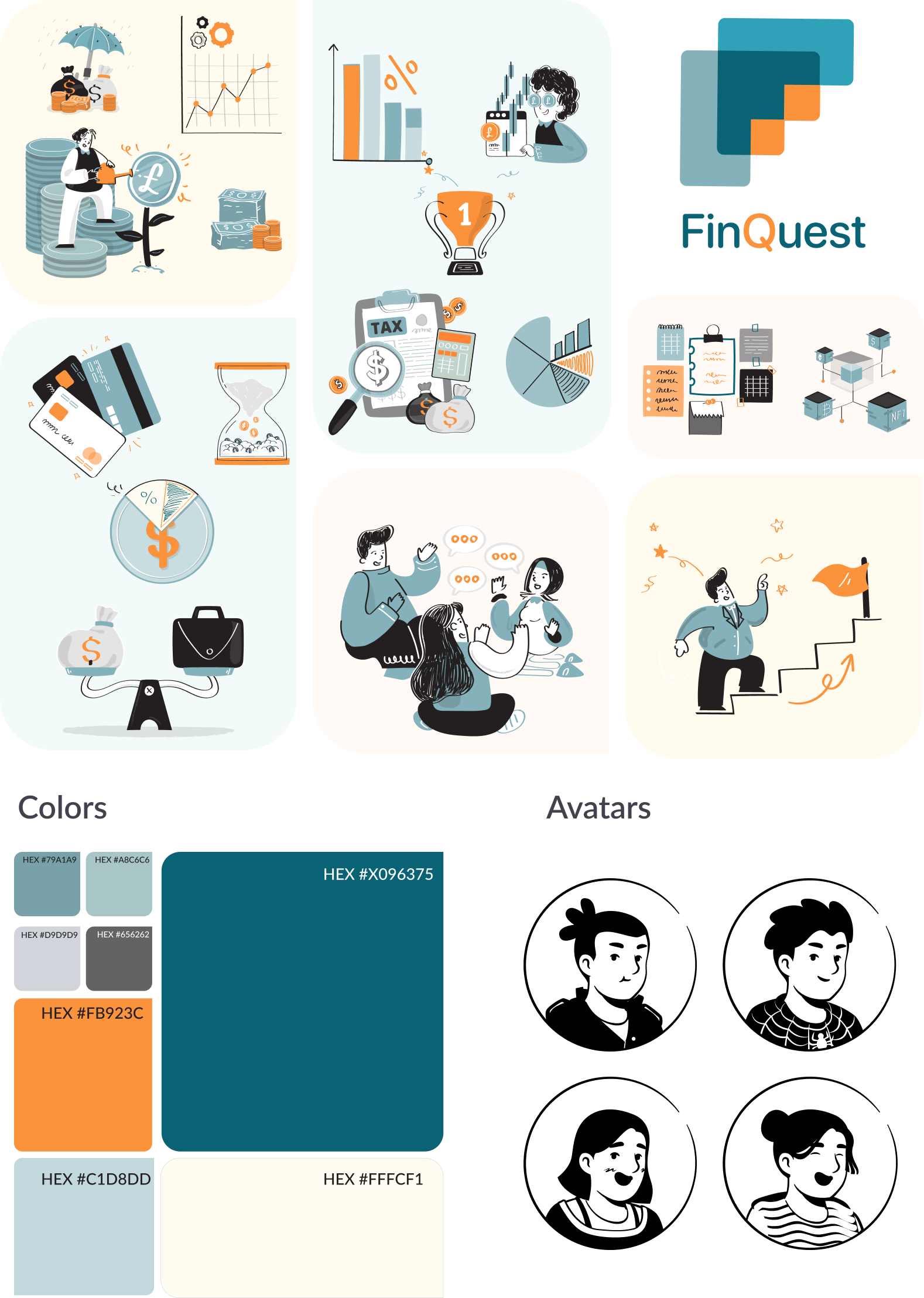FinQuest mood board — illustrations, colours and avatars
