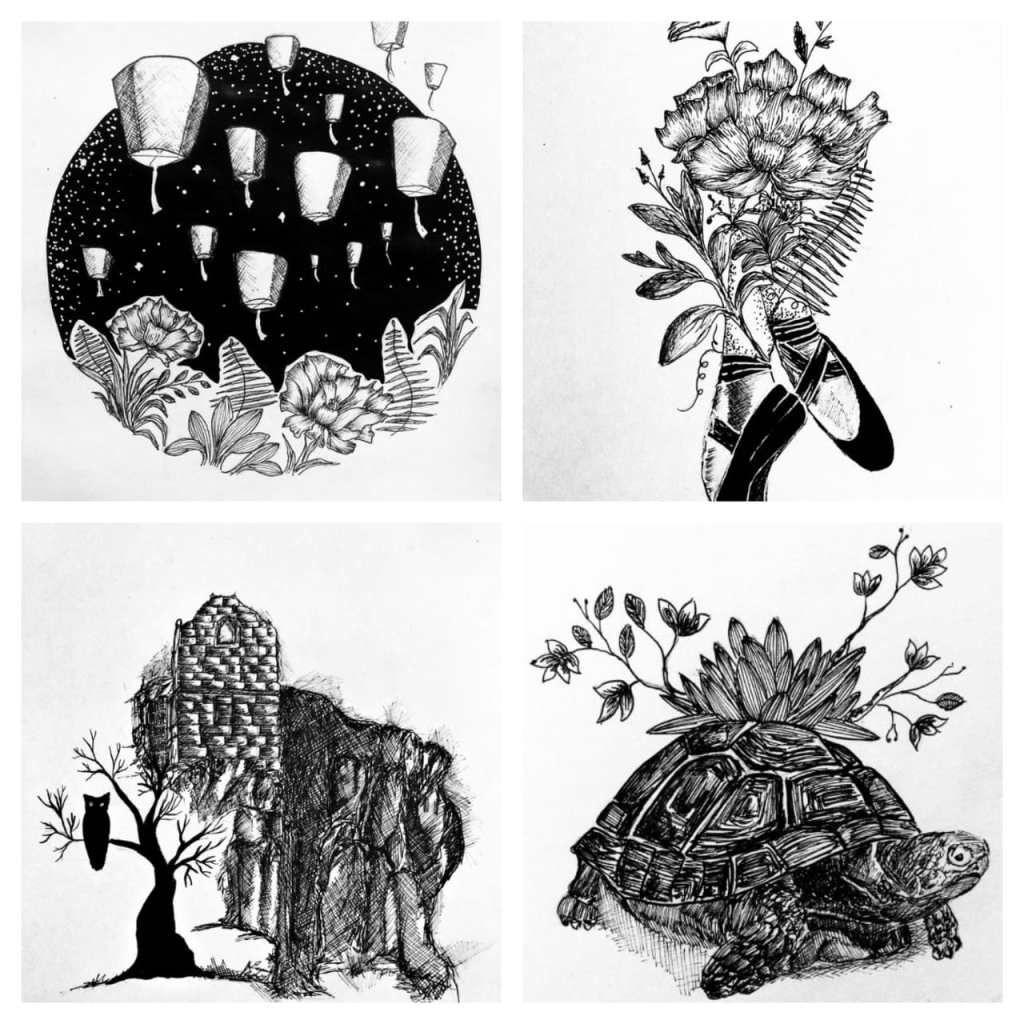 Four black-and-white pen illustrations — sky lanterns over flowers, a floral figure portrait, a ruined castle with an owl, and a tortoise carrying plants on its back
