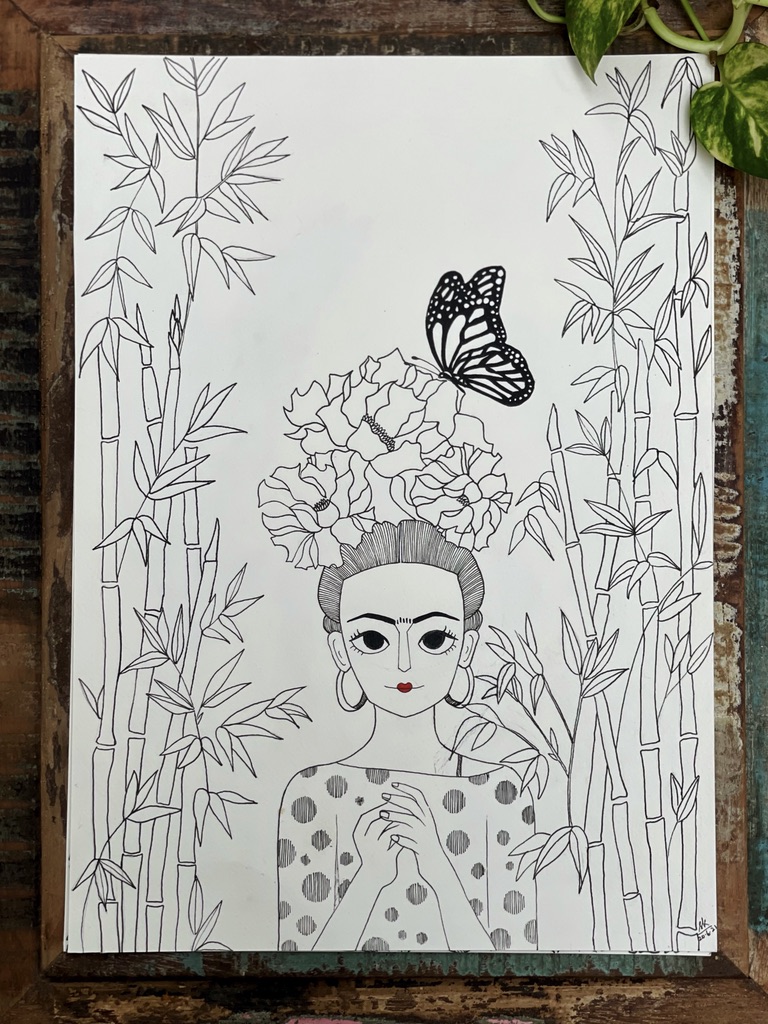 Pen illustration of a woman's portrait with a flower crown and a monarch butterfly, framed by tall bamboo stalks