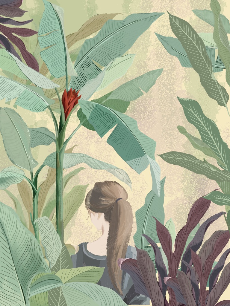 Digital illustration of a woman seen from behind amid tall banana leaves and a red tropical flower