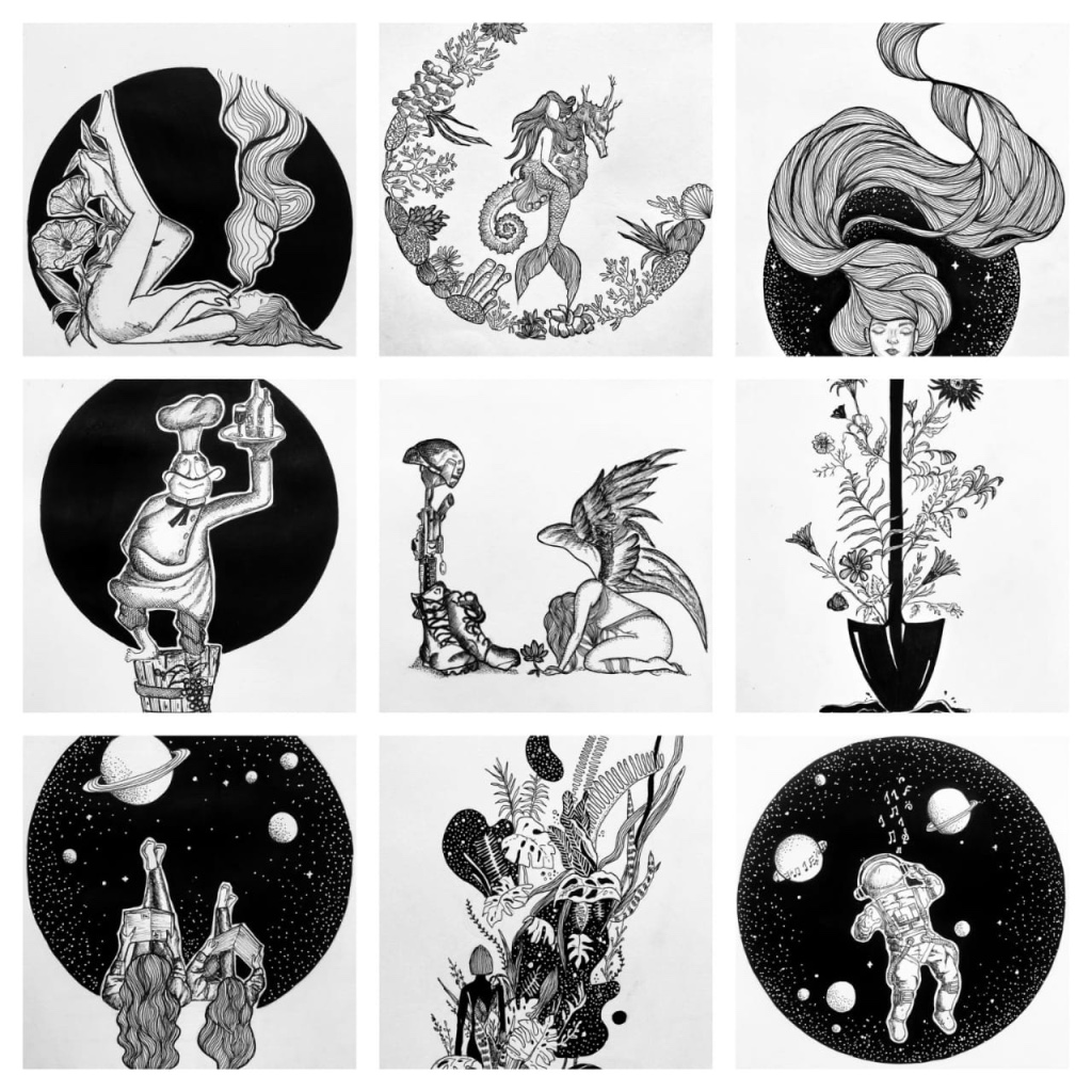 Nine black-and-white pen illustrations — koi fish, betta fish, surreal eye, boombox over lilies, winged creature, elephant with floral crown, stargazing woman, capybara with flowers, and girl on a hilltop