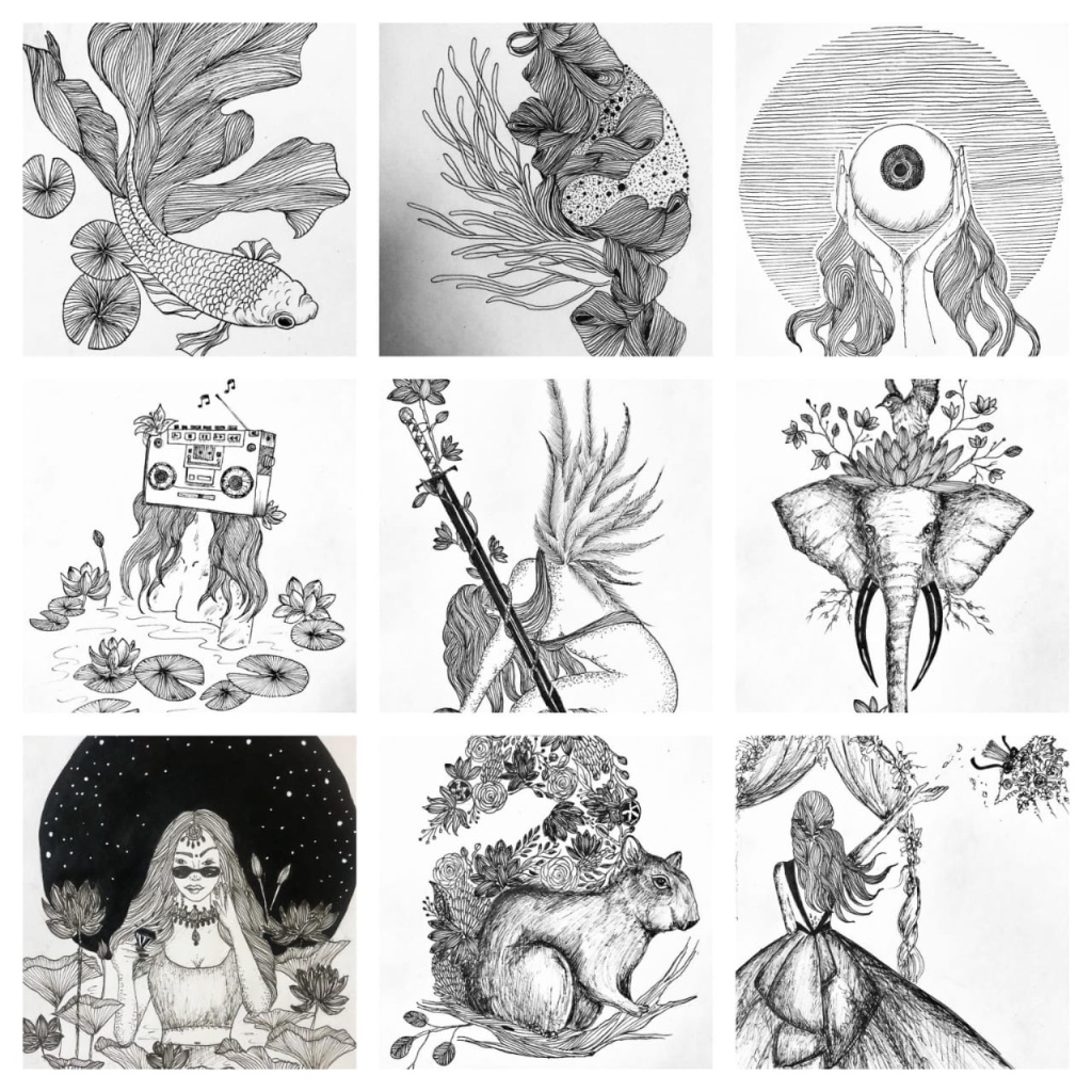 Nine black-and-white pen illustrations — a woman with a lily, a mushroom deer, a surfer in a wave circle, a hot-air balloon over mountains, a warrior woman portrait, a tower in flames, a rocket, a lighthouse in a storm, and a caged woman