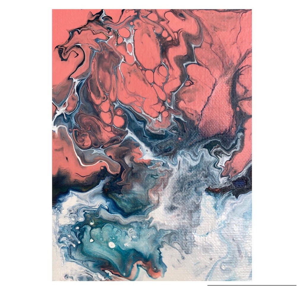 Abstract acrylic pour painting in coral pink, slate blue and white with fluid marbled patterns