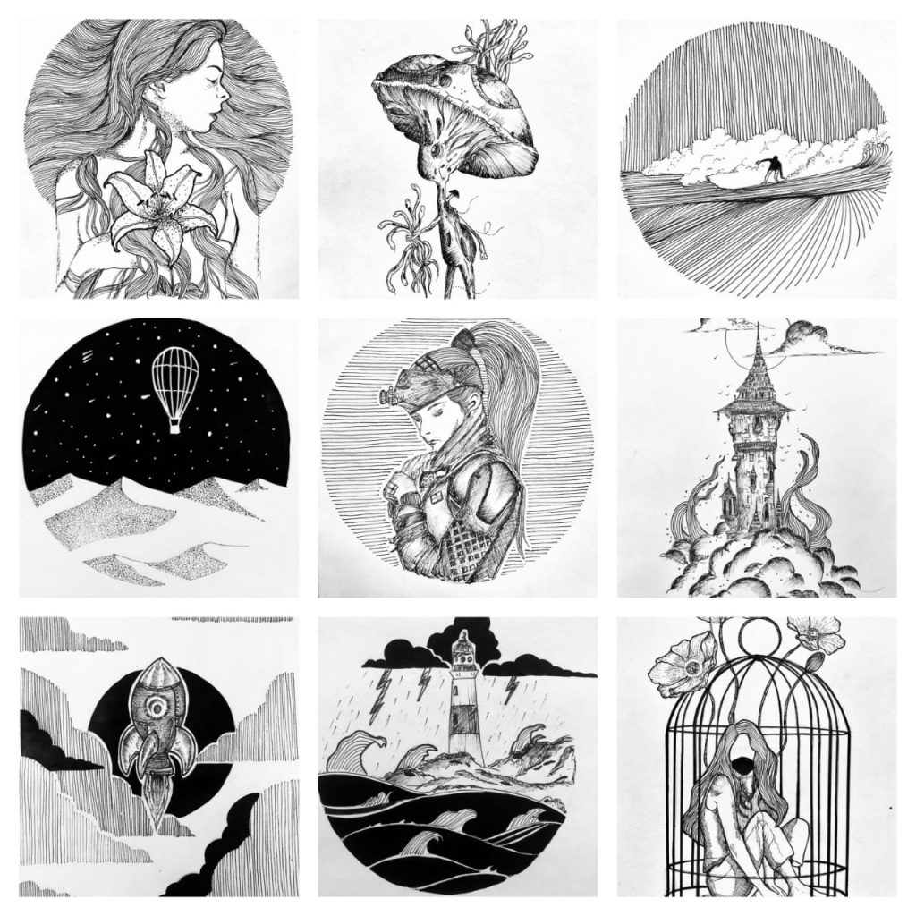 Nine black-and-white pen illustrations — mermaid, space scene with astronaut, a chef, fantastical figures including a winged creature and a botanical shovel