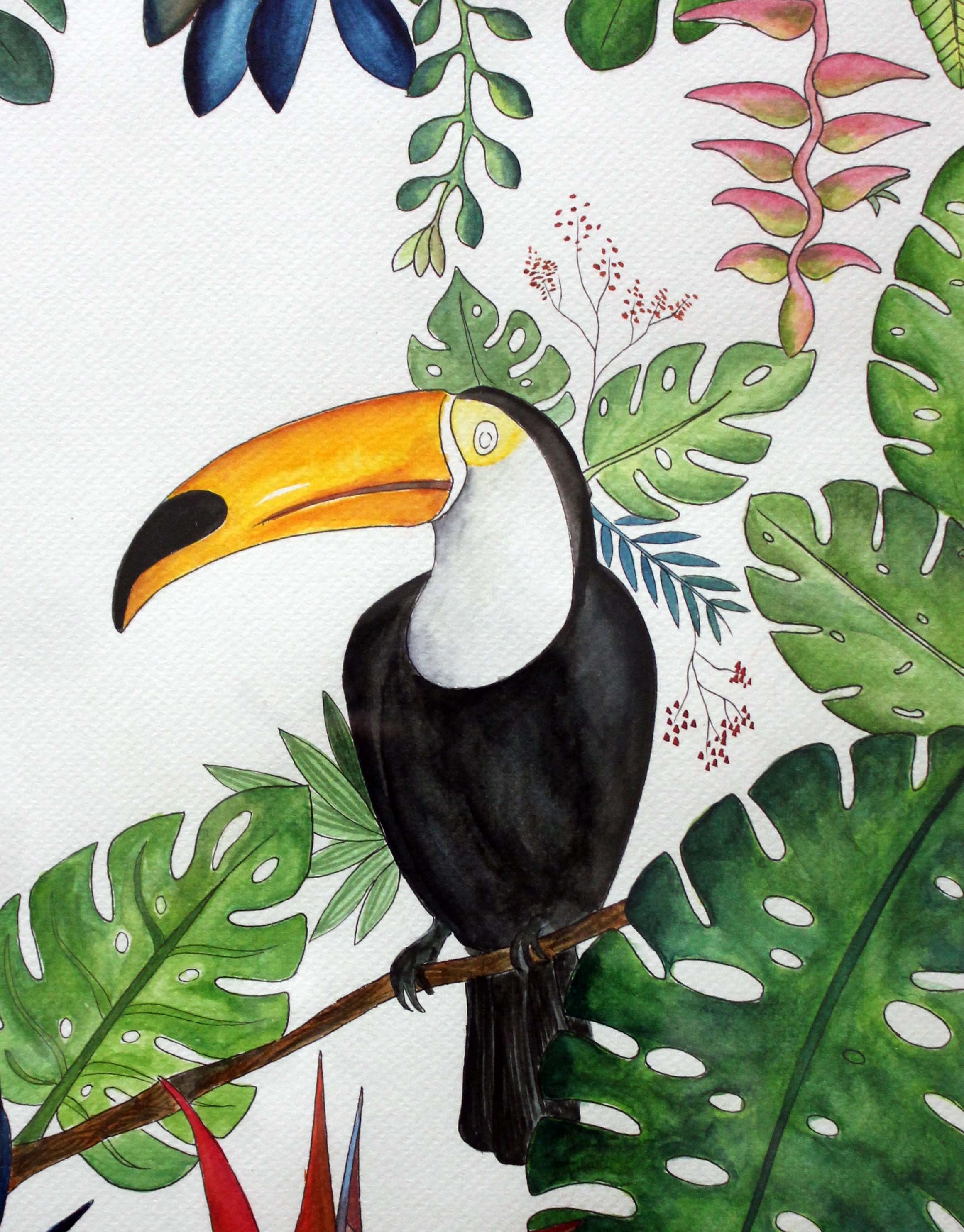 Watercolour painting of a toucan perched on a branch surrounded by tropical leaves, monstera and red berries