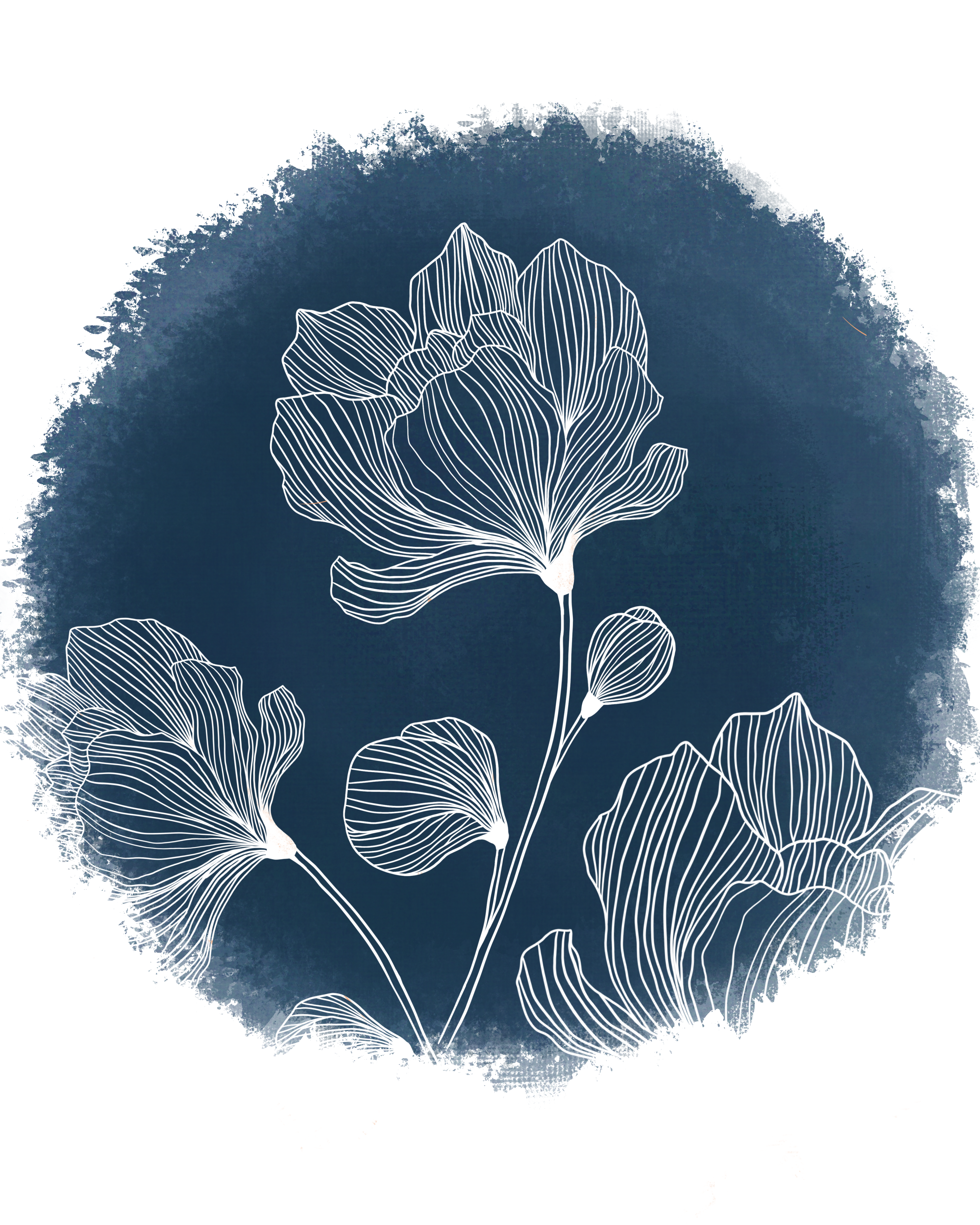 Digital illustration of white floral line art on a dark indigo circular wash background