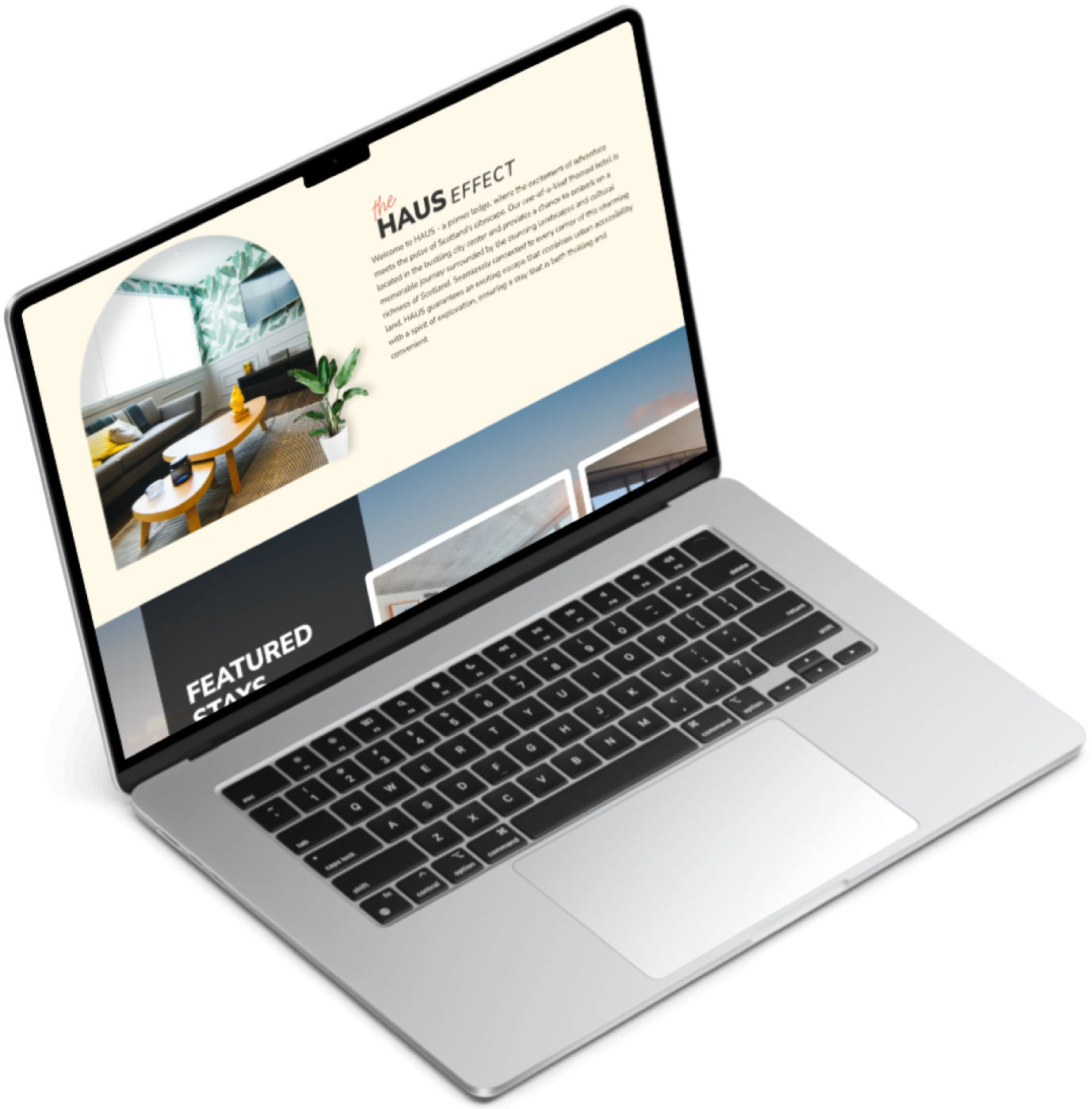 Laptop mockup of the Haus homepage showing the Haus Effect intro and featured stays