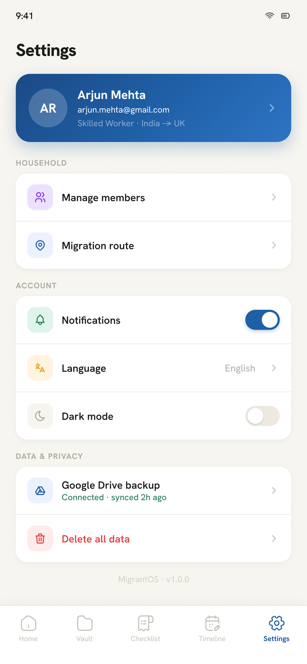 Settings screen